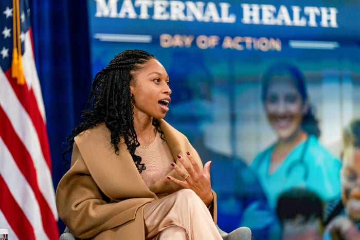 After surpassing Carl Lewis as the U.S.’s most decorated track and field athlete in Tokyo, Felix joined Vice President Kamala Harris in Dec. 2021 for the White House Maternal Health Day of Action.
